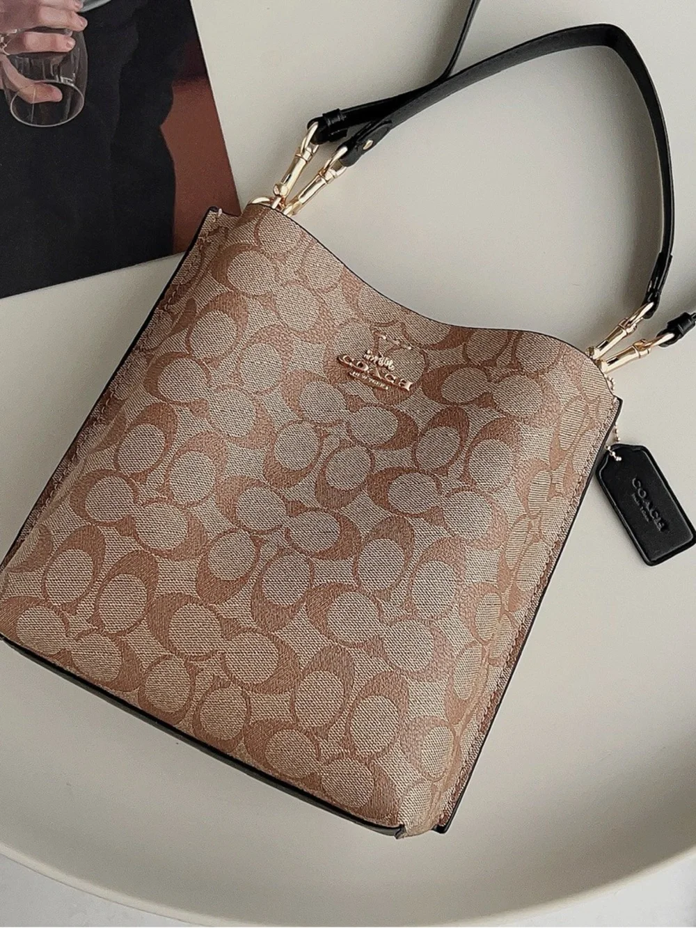 Coach Khaki/Brown Signature Canvas Bucket Crossbody